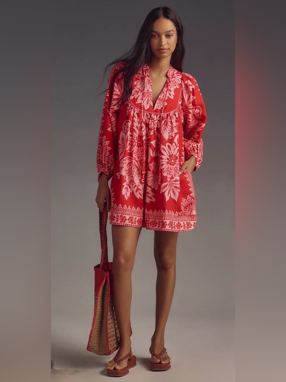 Anthropologie x Farm Rio Flora Tapestry Red Long Sleeve Mini Dress